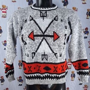 Vintage Adele Knitwear tribal arrows grampa gray & red Med chunky knit sweater